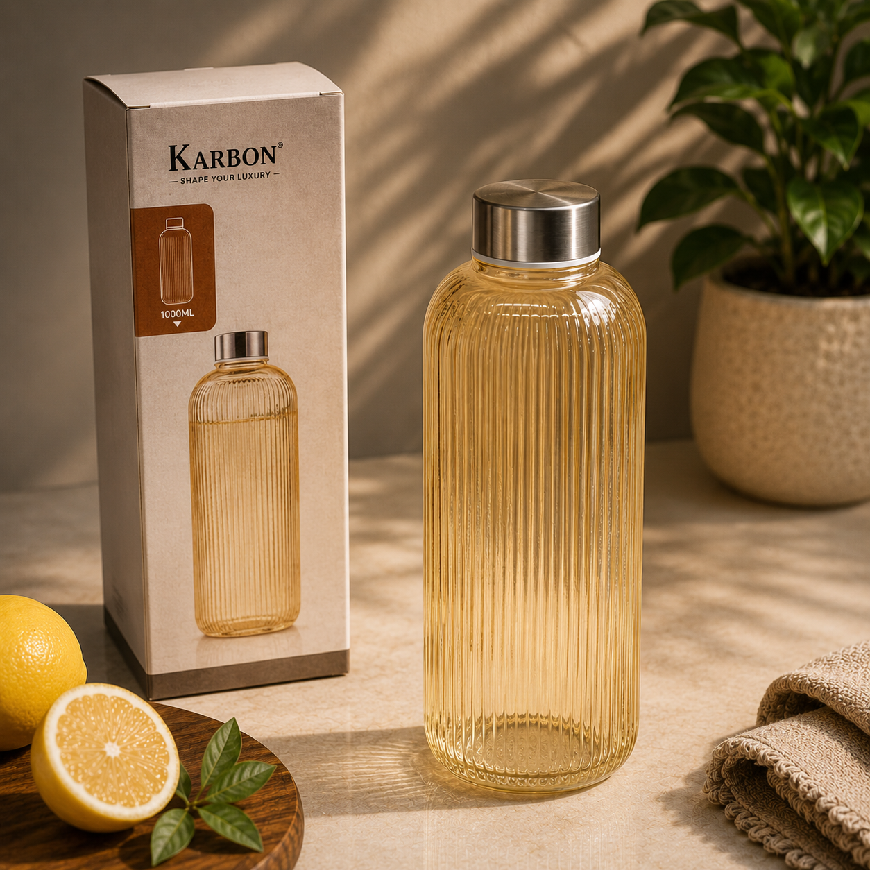 KARBON Premium Crystal Glass Water Bottle – 1000ml Golden Stripe